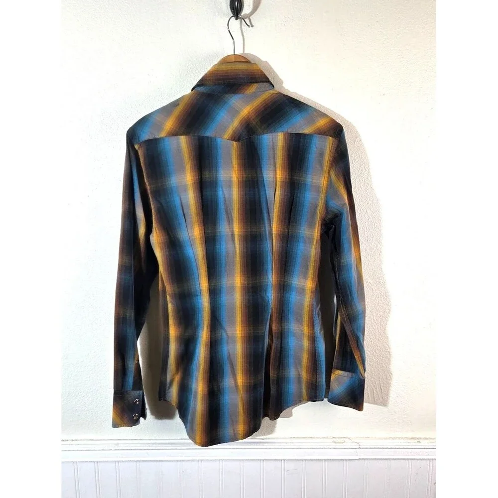 Banana Republic Pearl Snap Western Plaid Shirt Men’s Small Blue Yellow Long